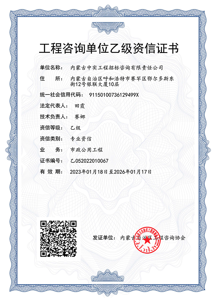 工程咨询单位乙级专业资信证书